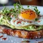 Creamy avocado toast with Egg a perfectly cooked sunny-side-up egg on rustic bread, garnished with chili flakes and herbs.