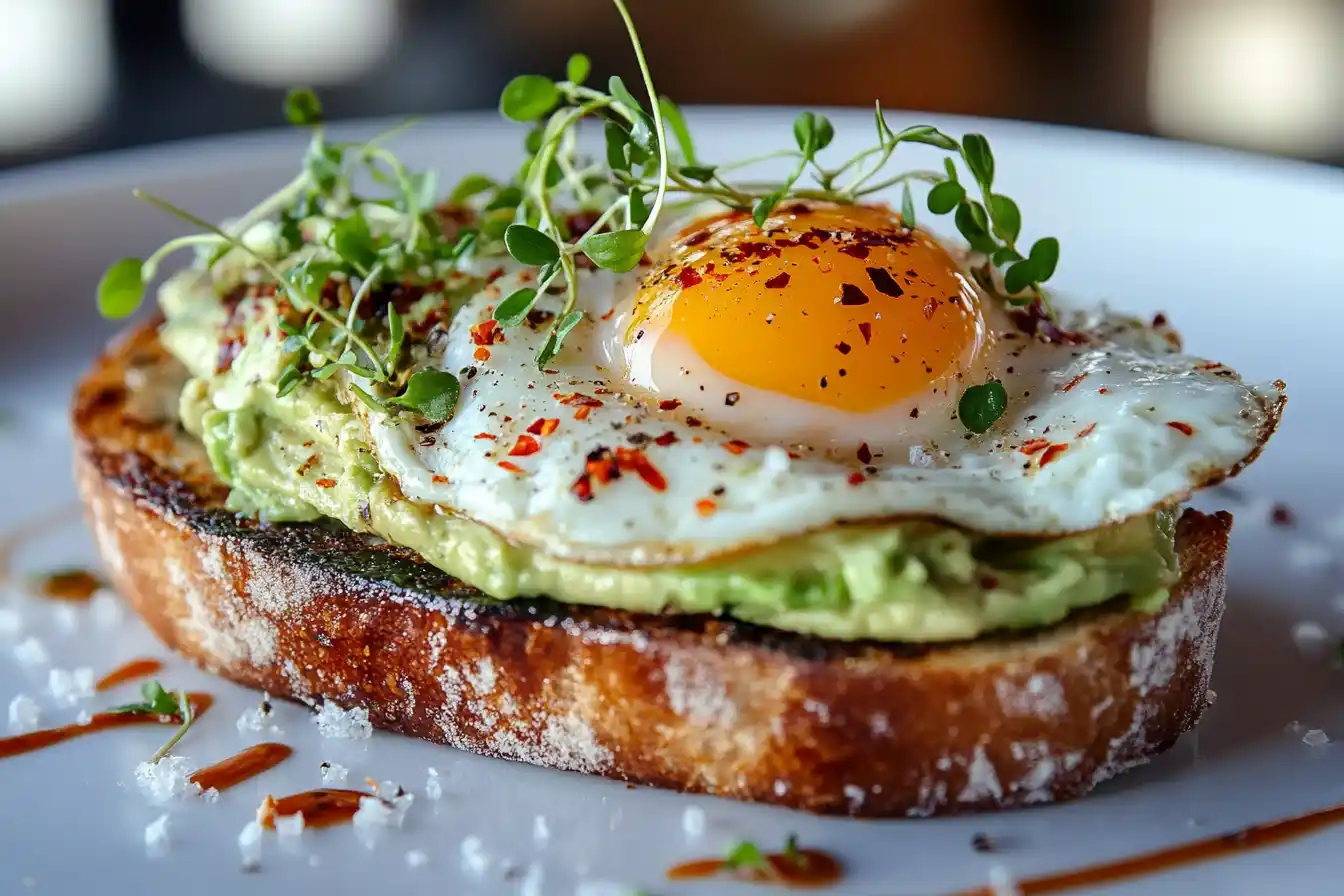 Creamy avocado toast with Egg a perfectly cooked sunny-side-up egg on rustic bread, garnished with chili flakes and herbs.