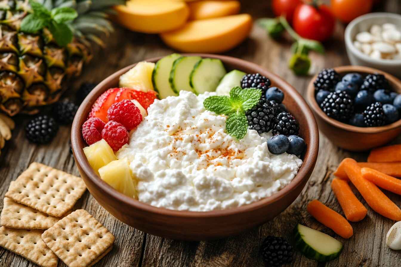 A bowl of cottage cheese surrounded by fresh fruits, vegetables, crackers, and herbs, showcasing its sweet and savory pairing options.(What is Cottage Cheese Nice With?)