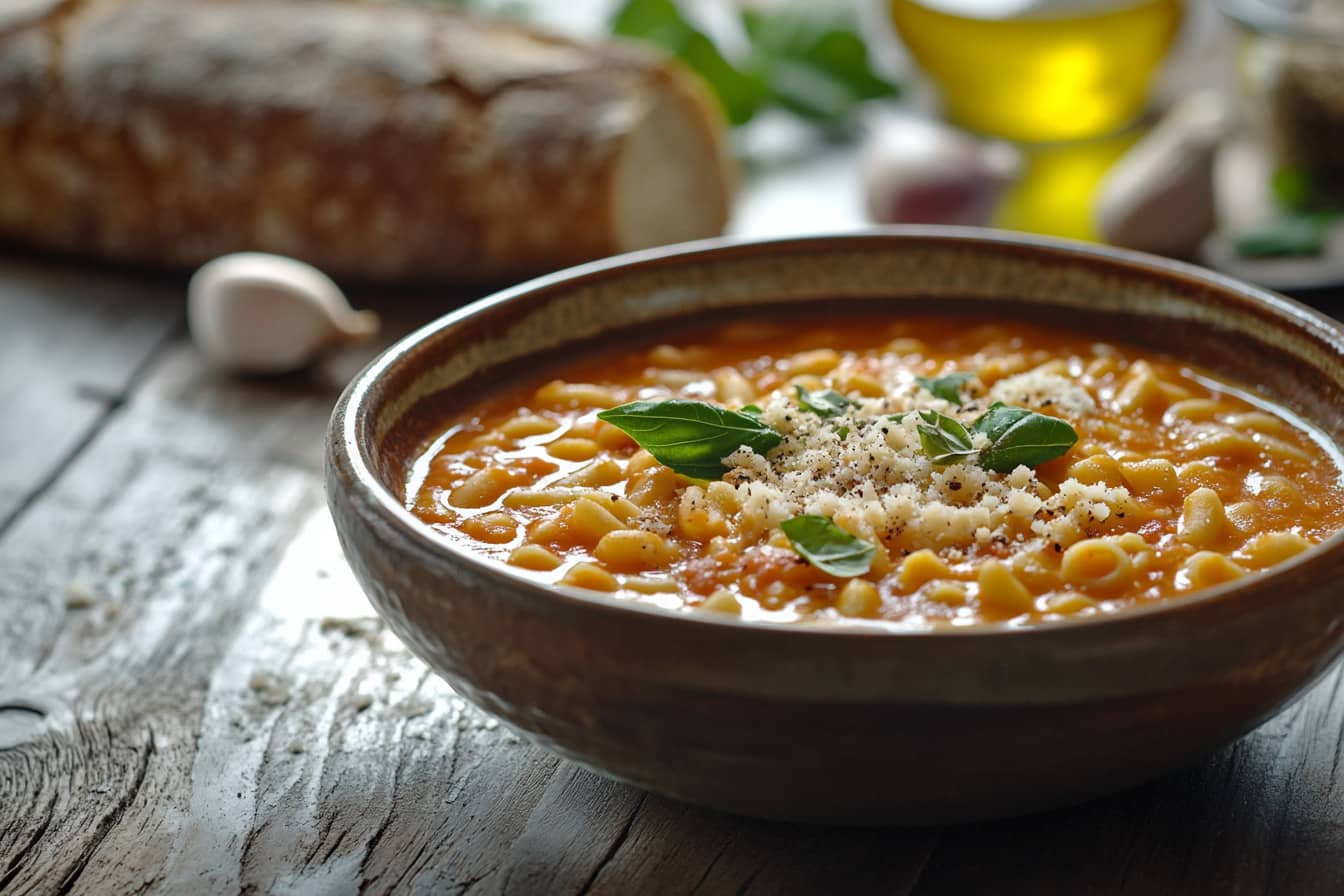Ditalini pasta in tomato sauce with fresh basil and Parmesan.