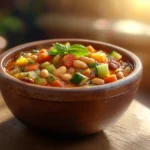 A vibrant bowl of Olive Garden Minestrone Soup recipe with fresh vegetables and herbs on a rustic table