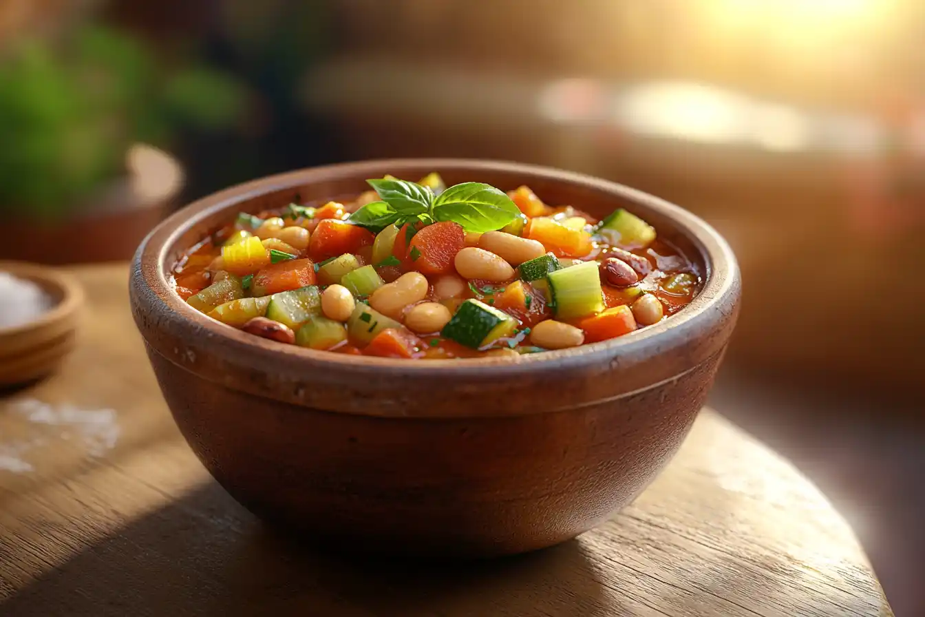 A vibrant bowl of Olive Garden Minestrone Soup recipe with fresh vegetables and herbs on a rustic table
