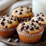 Freshly baked chocolate chip protein muffins on a cooling rack with chocolate chips scattered around.