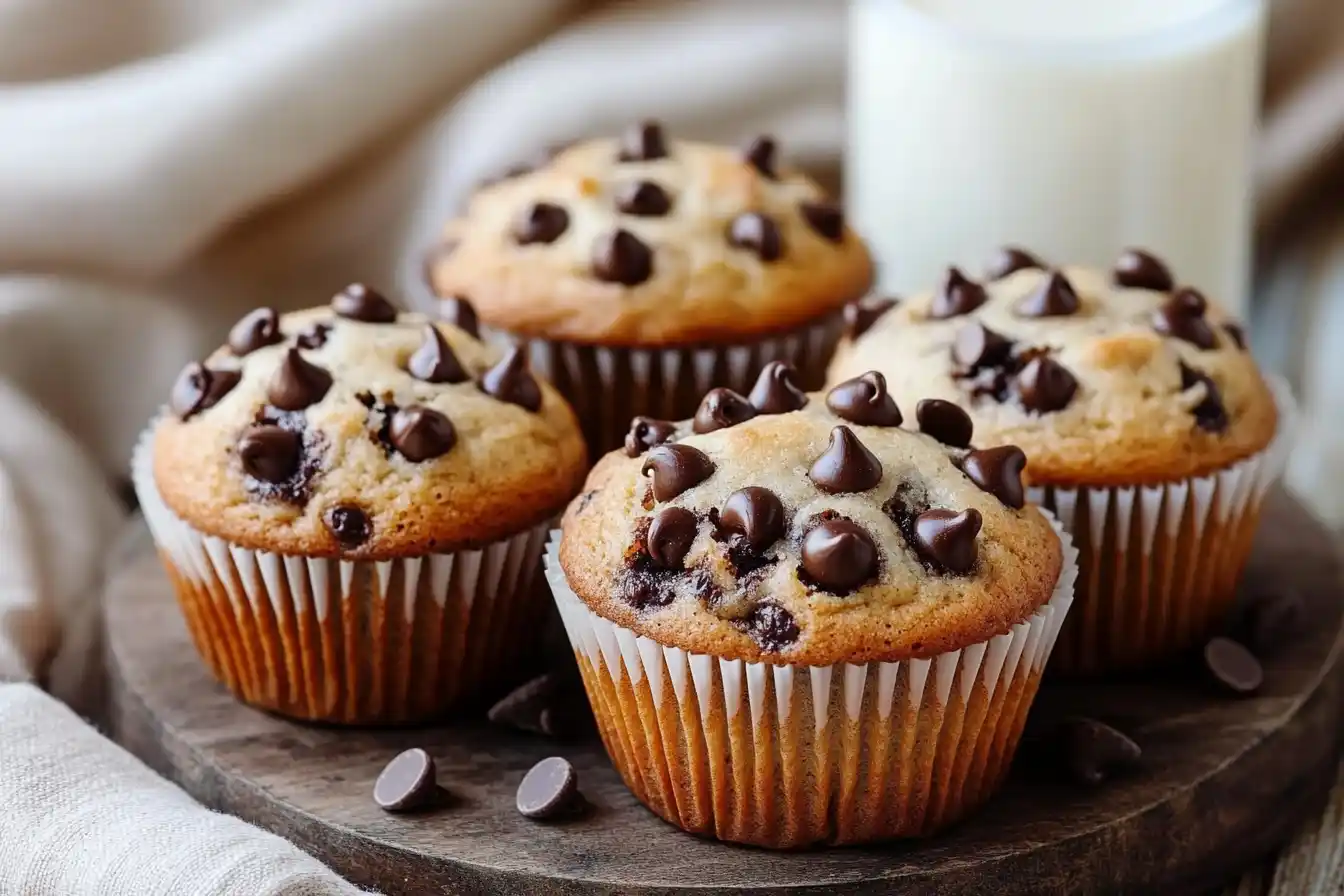 Freshly baked chocolate chip protein muffins on a cooling rack with chocolate chips scattered around.