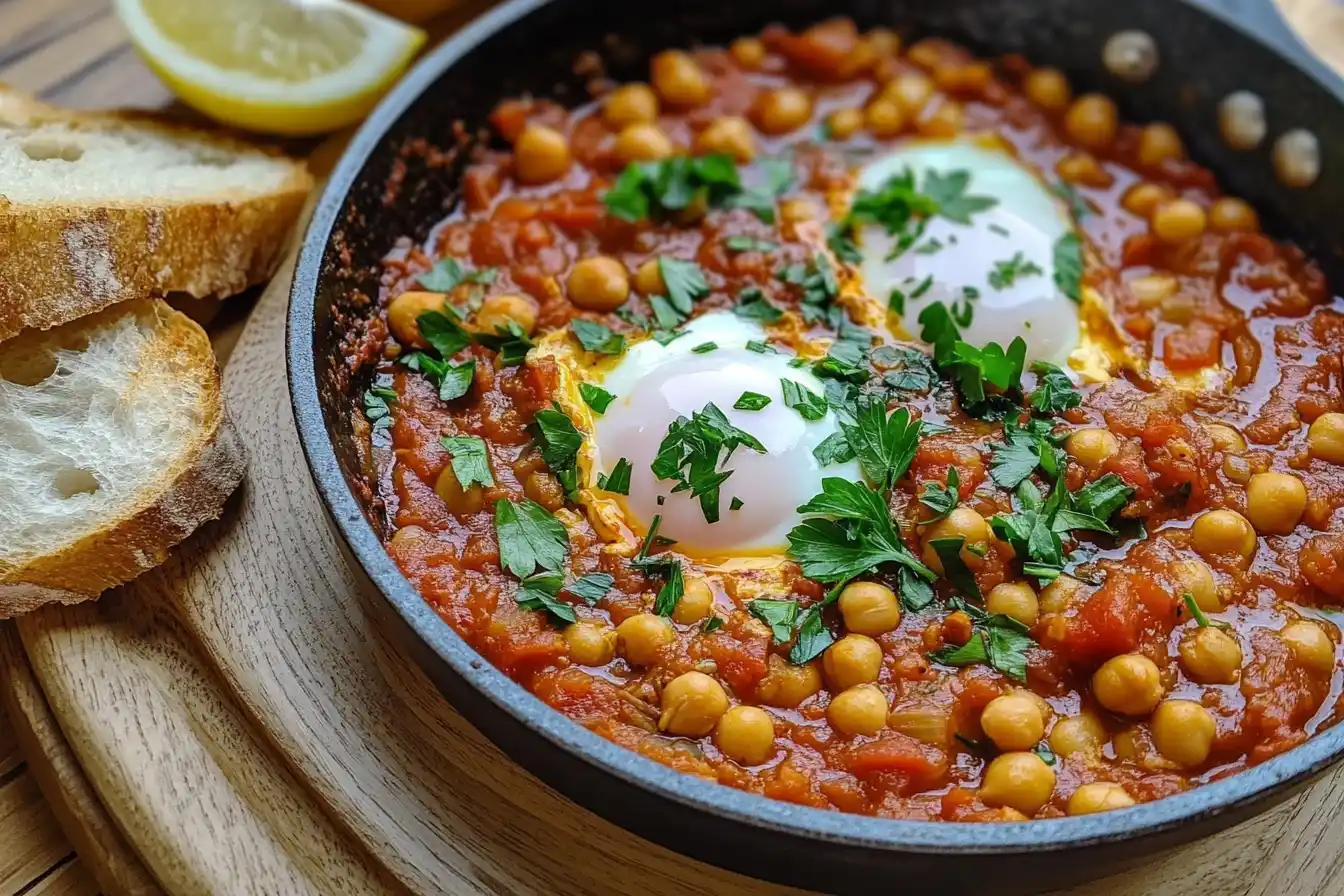 A skillet of chickpea shakshuka with poached eggs, garnished with fresh herbs and served with crusty bread on a rustic table.