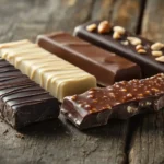 Assorted chocolate bars including dark, milk, and white chocolate with nuts and caramel on a wooden background."