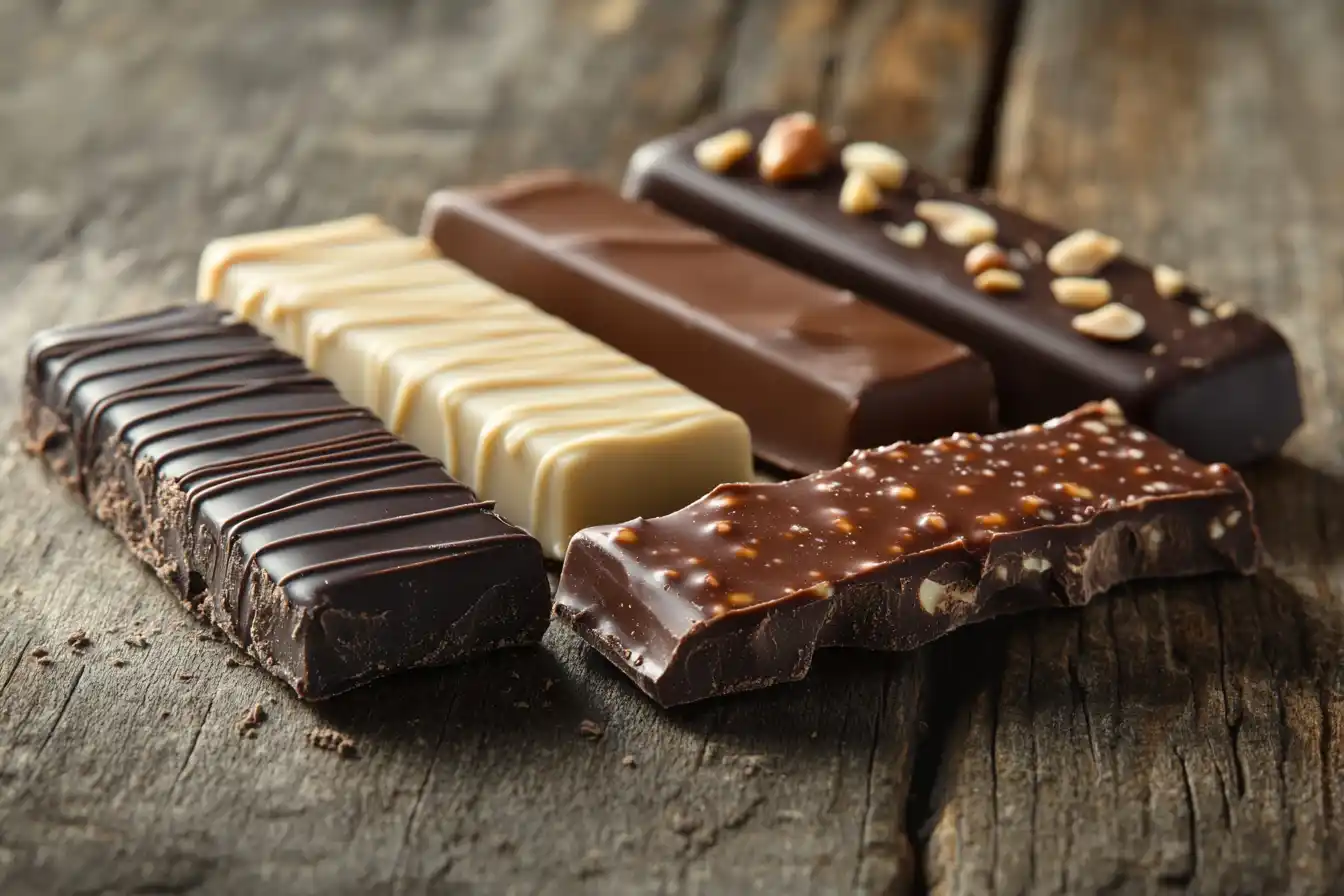 Assorted chocolate bars including dark, milk, and white chocolate with nuts and caramel on a wooden background."