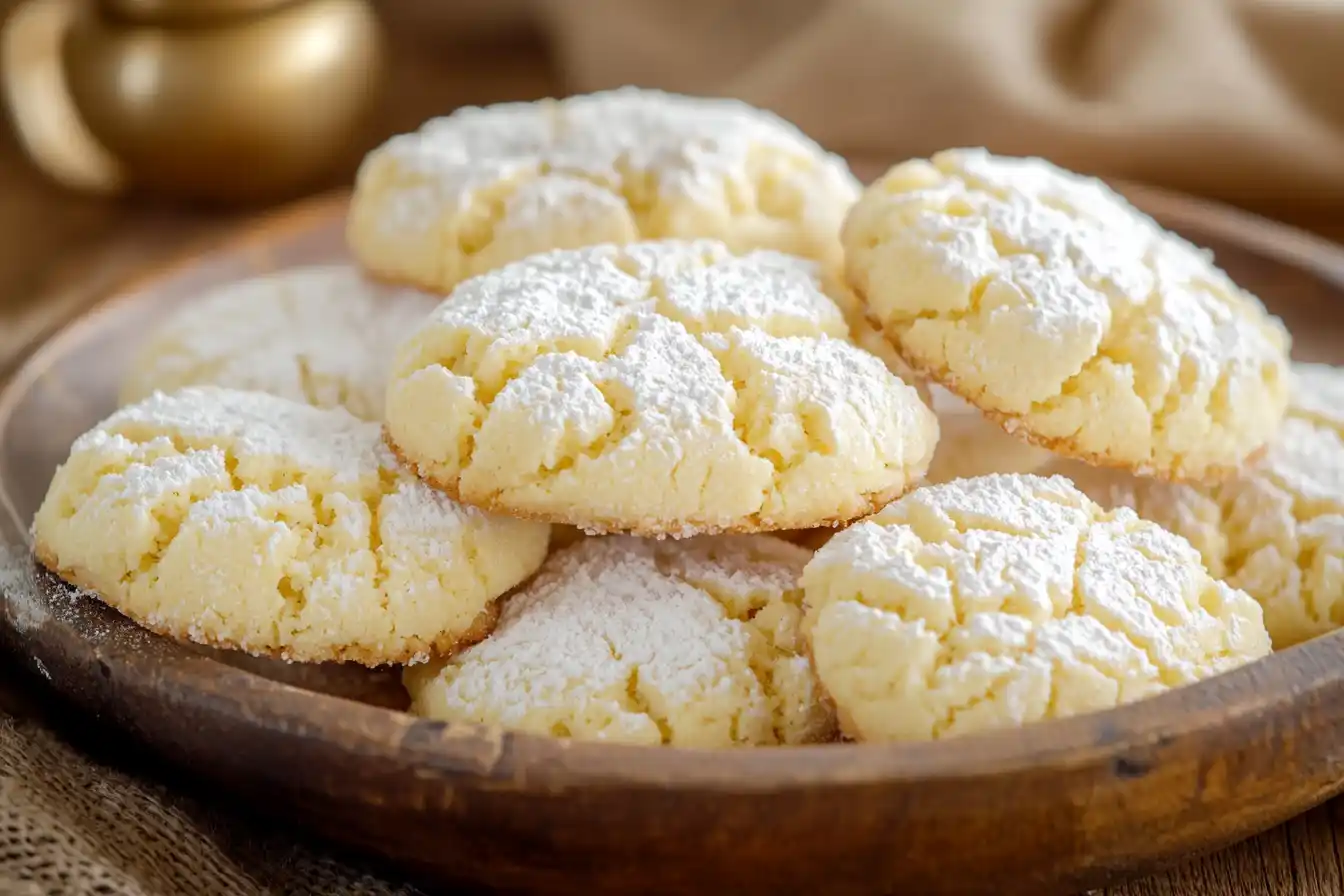 A plate of freshly baked Cool Whip Cookies with powdered sugar on top, placed on a rustic wooden table.