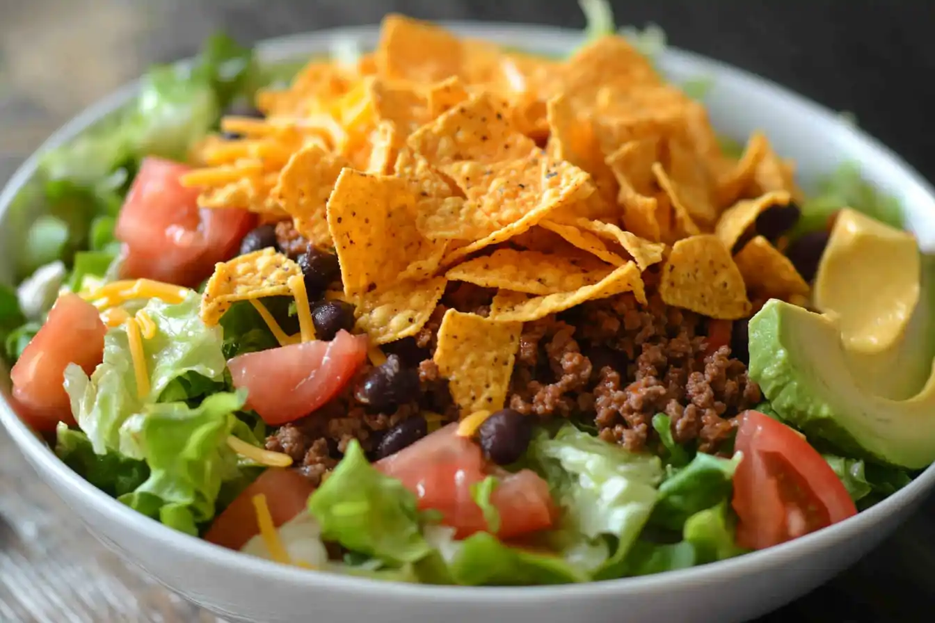 A vibrant bowl of Dorito taco salad filled with seasoned ground beef, fresh lettuce, diced tomatoes, shredded cheddar cheese, and crushed Doritos.