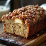 Golden-brown cinnamon swirl apple fritter bread on a rustic wooden table, with fresh apples and cinnamon sticks beside it.