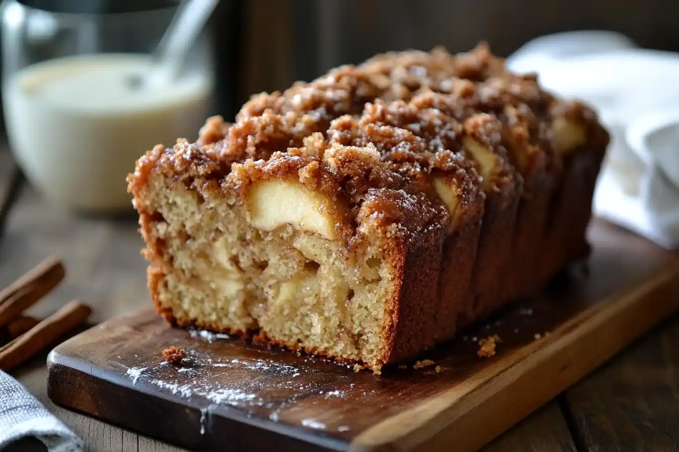 Golden-brown cinnamon swirl apple fritter bread on a rustic wooden table, with fresh apples and cinnamon sticks beside it.
