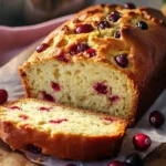 Freshly baked Cranberry Orange Bread recipe on a wooden board, sliced to reveal juicy cranberries and a golden-brown crust, garnished with orange zest and whole cranberries.