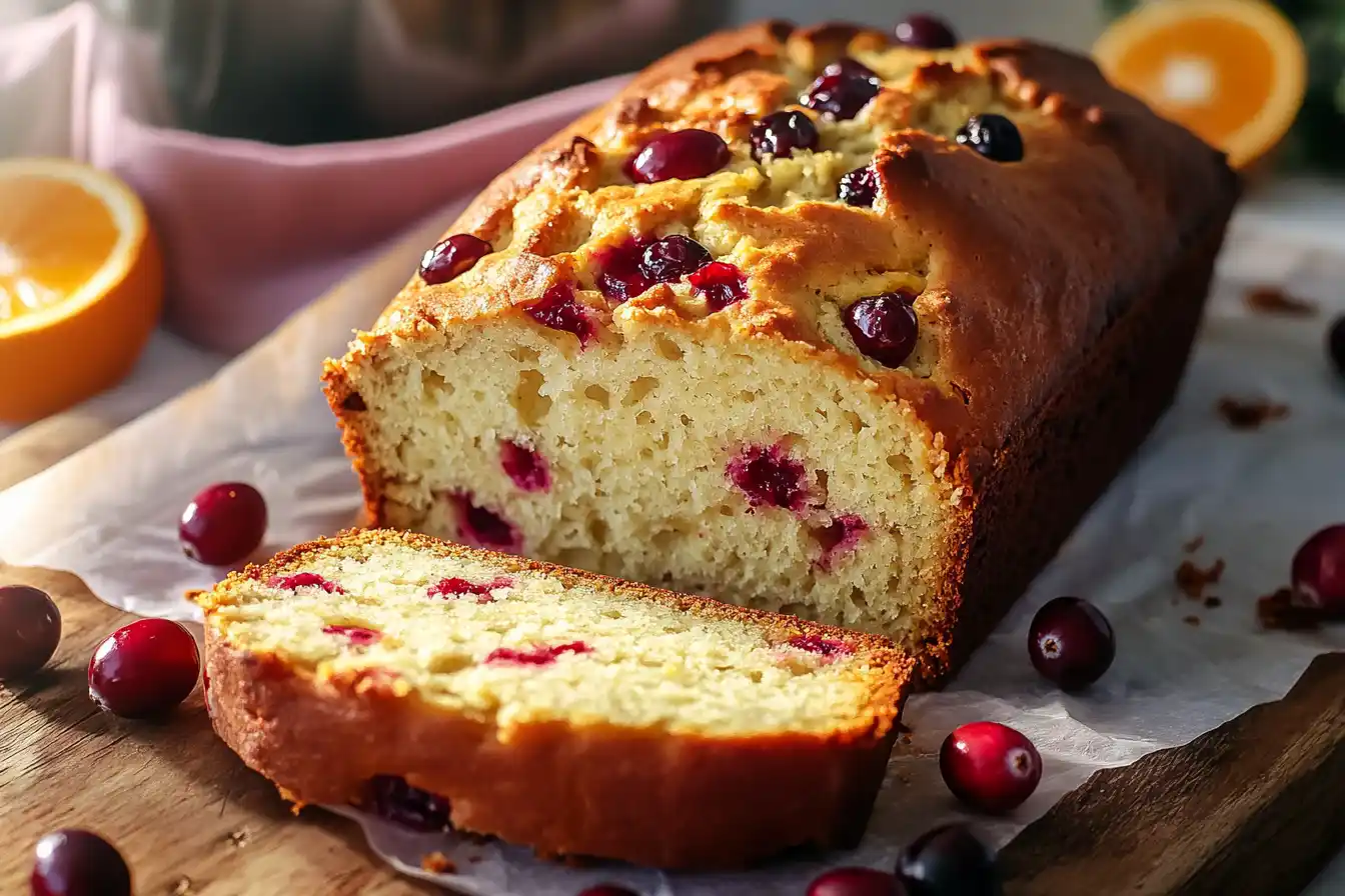 Freshly baked Cranberry Orange Bread recipe on a wooden board, sliced to reveal juicy cranberries and a golden-brown crust, garnished with orange zest and whole cranberries.