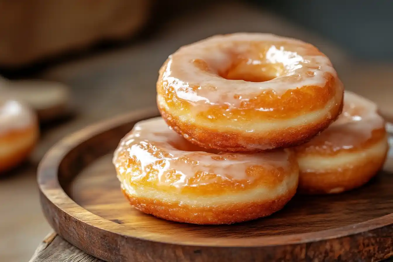 A stack of freshly baked protein donuts topped with a light drizzle of sugar-free glaze and sprinkled with cinnamon.
