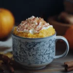 A single-serving eggless pumpkin mug cake garnished with a sprinkle of cinnamon and nutmeg.