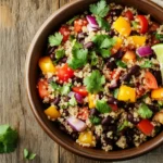 A colorful bowl of quinoa and black bean salad with cherry tomatoes, bell peppers, and a lime wedge.