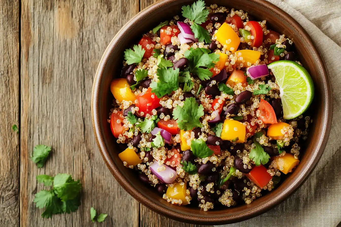 A colorful bowl of quinoa and black bean salad with cherry tomatoes, bell peppers, and a lime wedge.