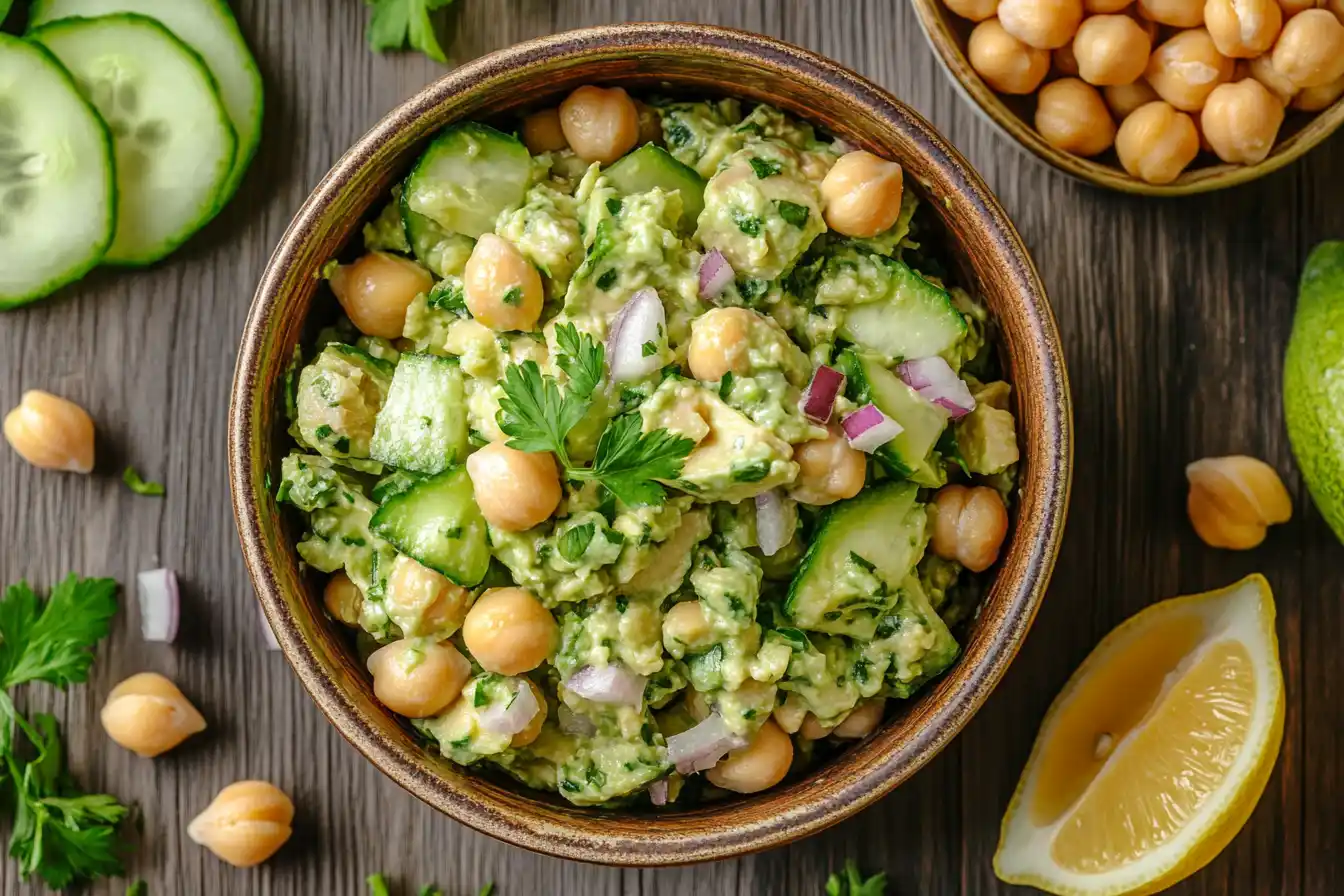 A vibrant bowl of avocado chickpea tuna salad with fresh herbs, lemon slices, and crunchy vegetables.
