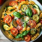 A bowl of tomato zucchini pasta garnished with fresh basil and parmesan, served on a rustic wooden table.