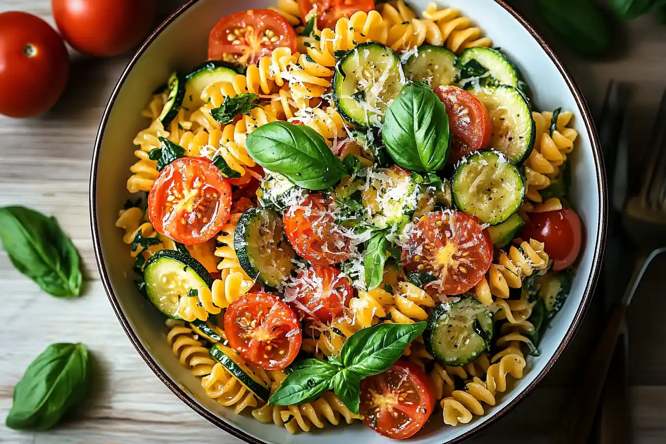 A bowl of tomato zucchini pasta garnished with fresh basil and parmesan, served on a rustic wooden table.