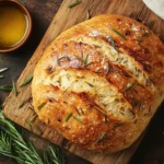 A golden, crusty rosemary bread recipe loaf on a rustic wooden cutting board, surrounded by fresh rosemary sprigs and olive oil.