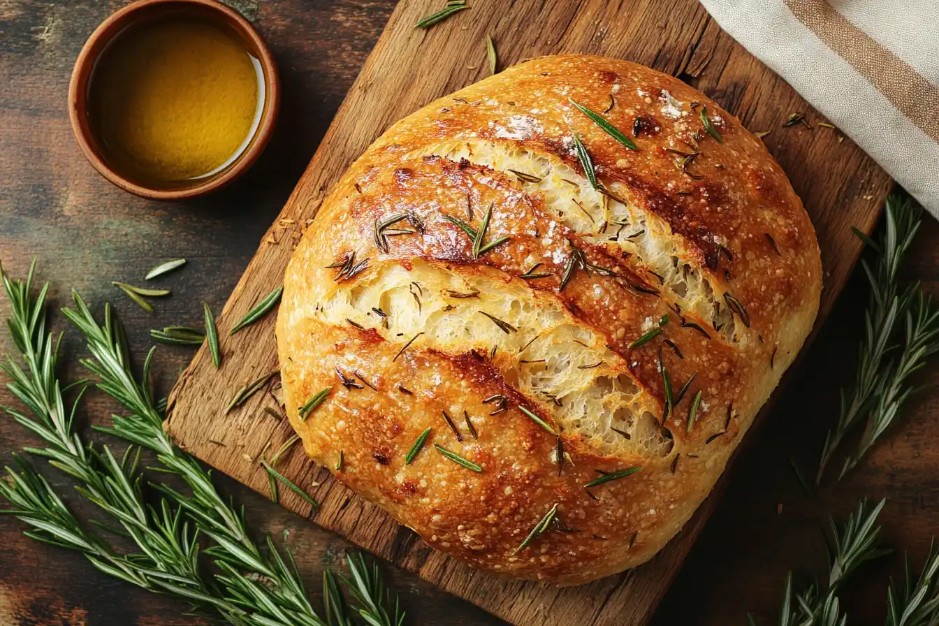 A golden, crusty rosemary bread recipe loaf on a rustic wooden cutting board, surrounded by fresh rosemary sprigs and olive oil.