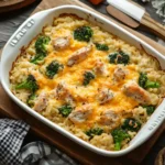 A bubbling chicken broccoli rice casserole with melted cheese, served in a rustic white baking dish.