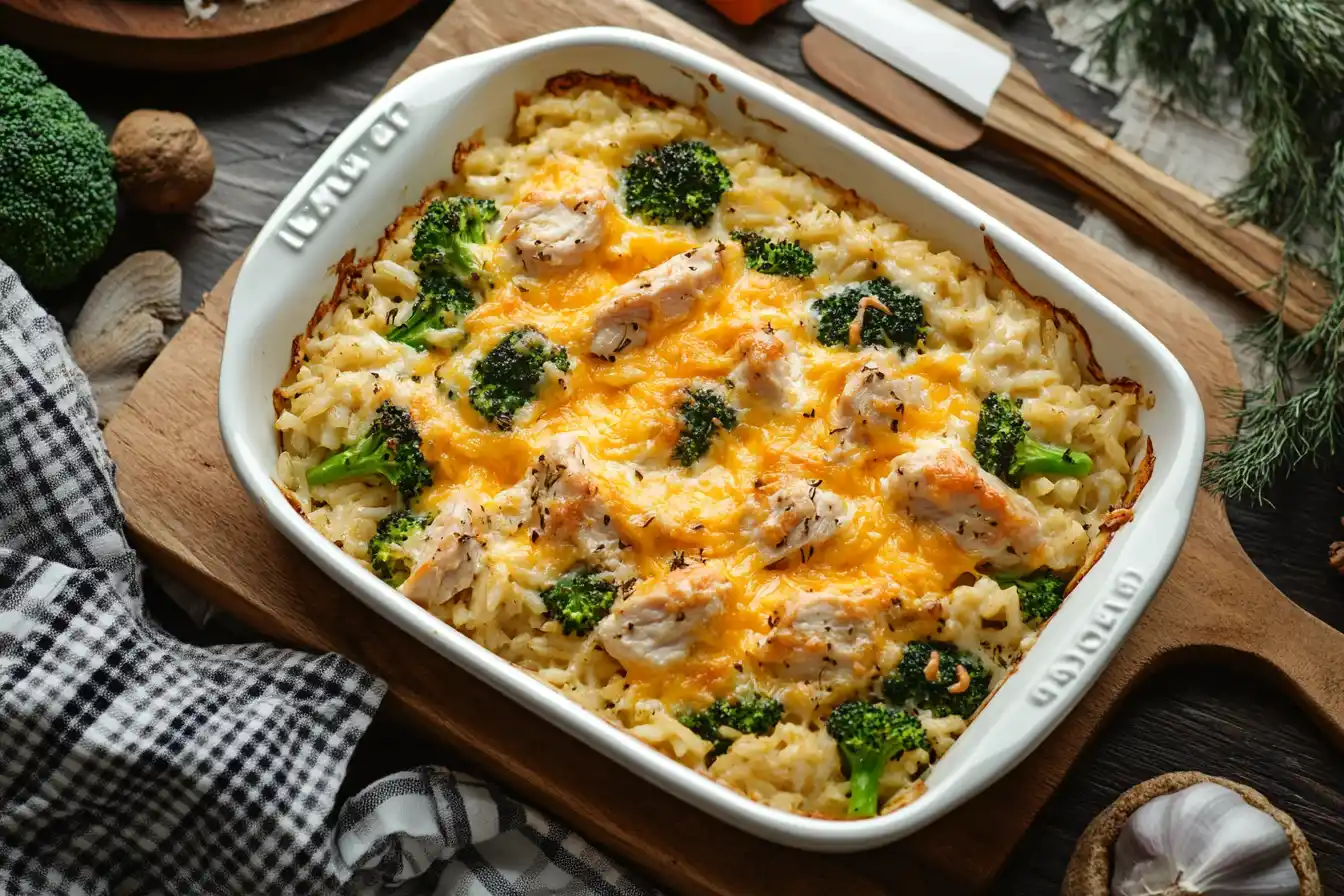 A bubbling chicken broccoli rice casserole with melted cheese, served in a rustic white baking dish.