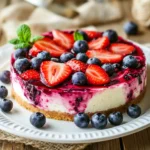 A creamy slice of high-protein cottage cheese cheesecake topped with fresh berries on a white plate