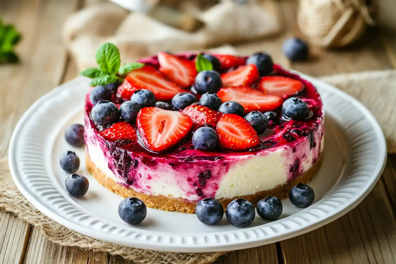 A creamy slice of high-protein cottage cheese cheesecake topped with fresh berries on a white plate