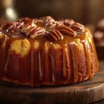 A freshly baked butter pecan pound cake with a golden crust, topped with toasted pecans and drizzled with caramel glaze, sitting on a rustic wooden table.