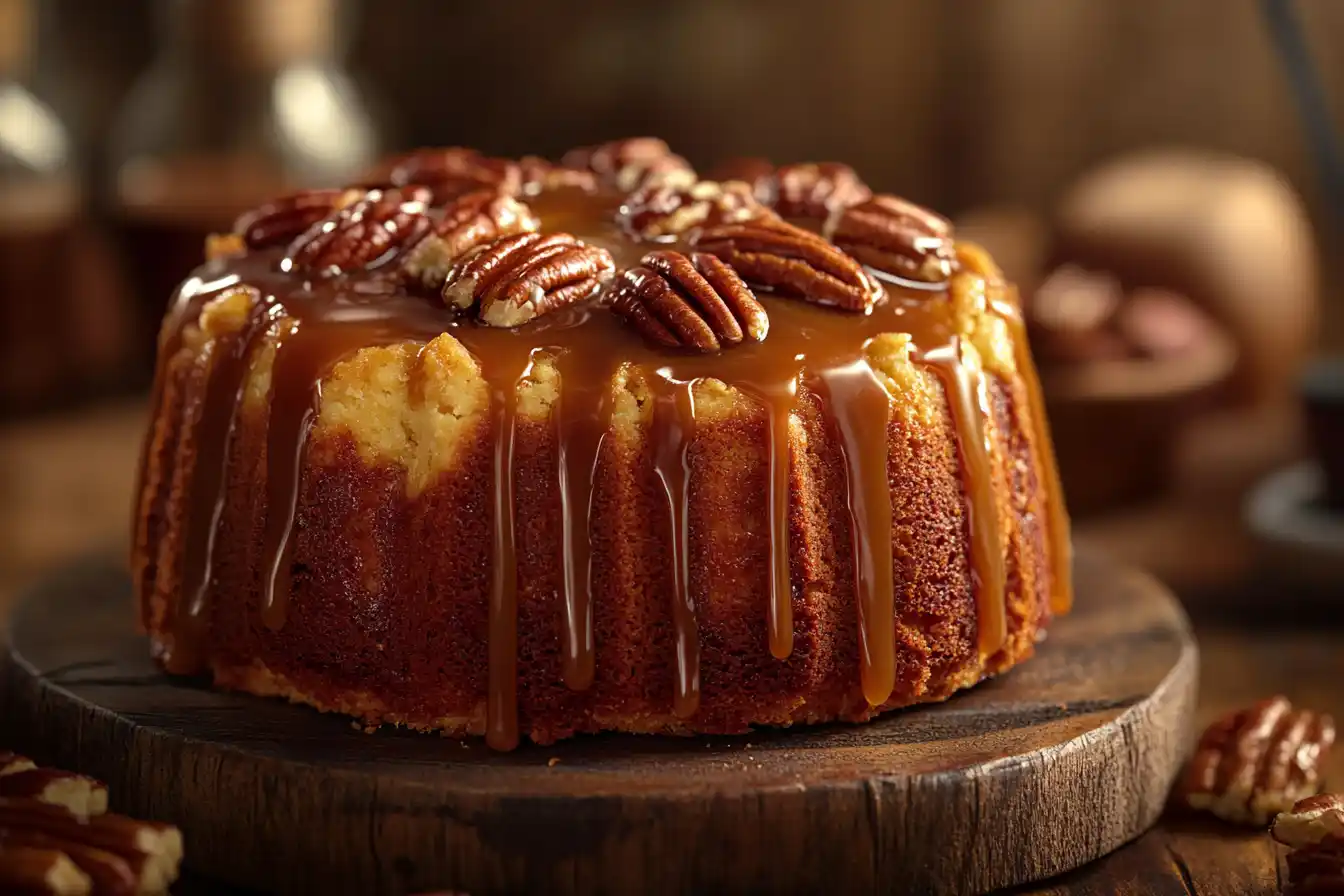 A freshly baked butter pecan pound cake with a golden crust, topped with toasted pecans and drizzled with caramel glaze, sitting on a rustic wooden table.