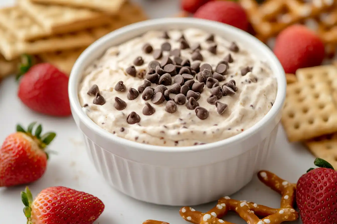A bowl of creamy cookie dough dip with chocolate chips, surrounded by graham crackers and strawberries.