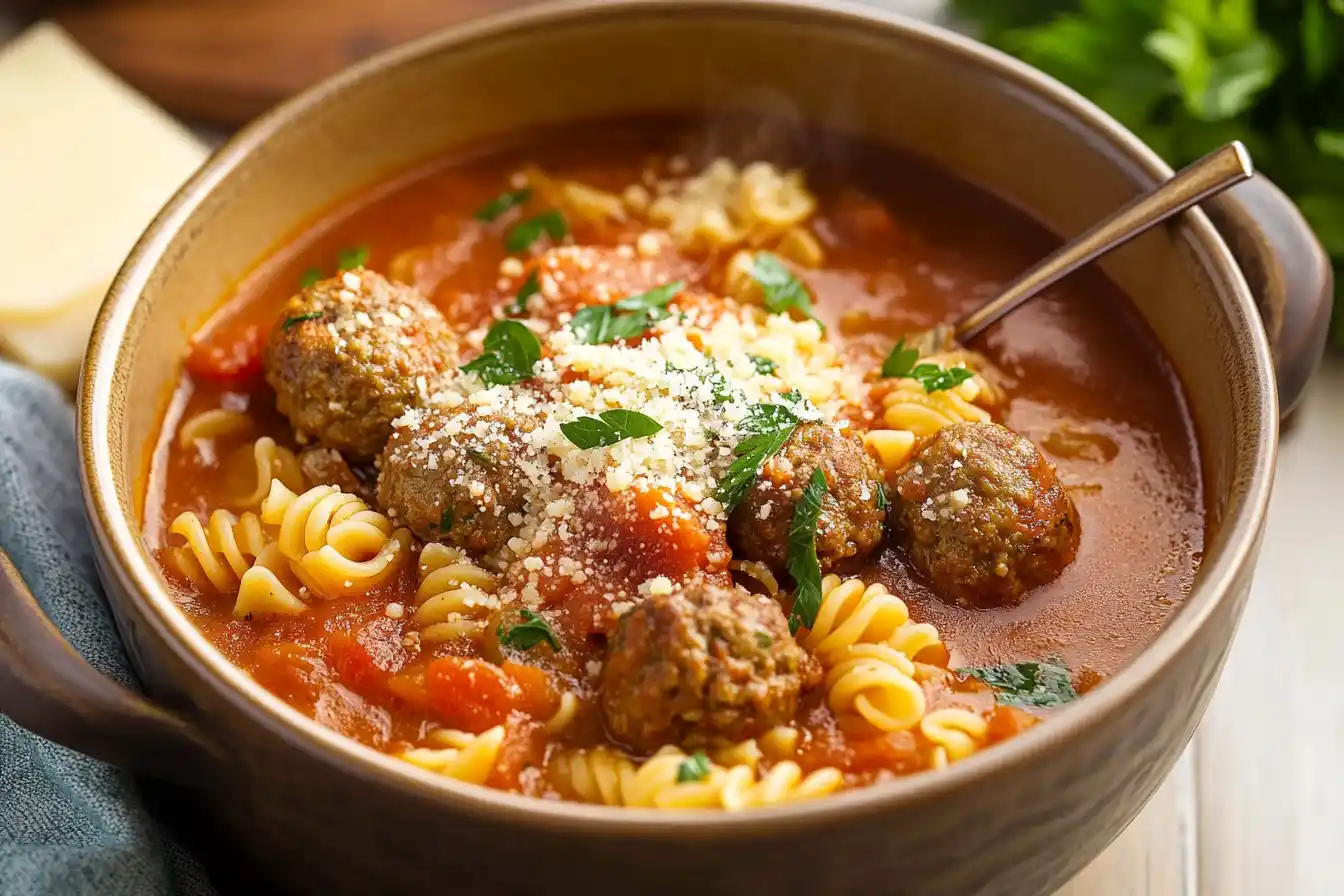 A beautifully plated bowl of Italian Meatball Soup, garnished with fresh parsley, Parmesan, and served with crusty bread on the side.