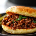 A plate of keto sloppy joes served on a toasted low-carb bun with a side of lettuce and pickles.