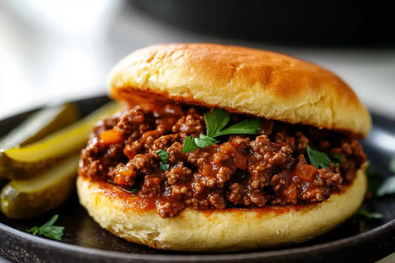 A plate of keto sloppy joes served on a toasted low-carb bun with a side of lettuce and pickles.