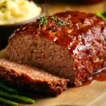 A freshly baked Lipton Onion Soup Meatloaf sliced on a wooden board, with a golden-brown crust and a tangy glaze on top.