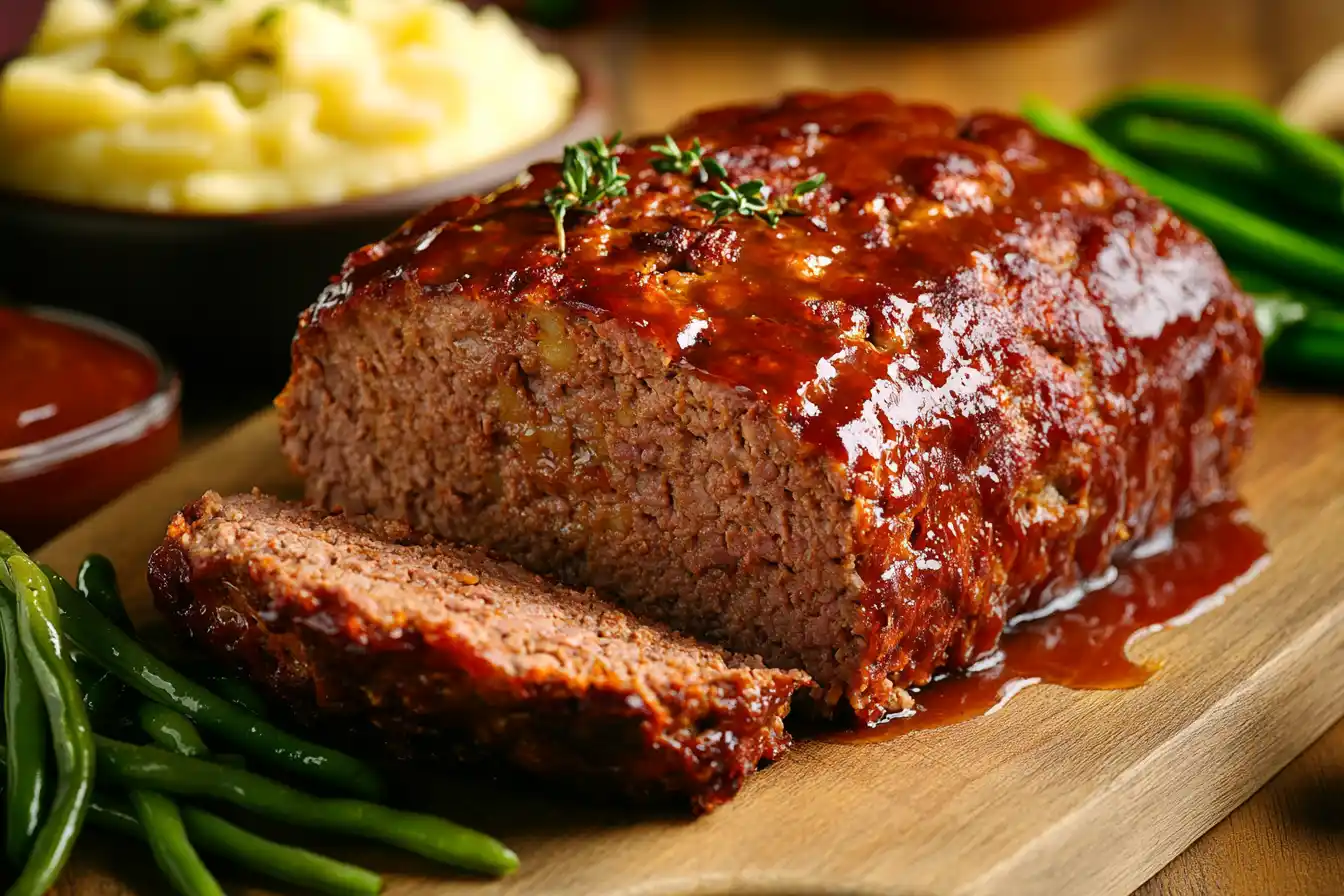 A freshly baked Lipton Onion Soup Meatloaf sliced on a wooden board, with a golden-brown crust and a tangy glaze on top.