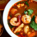 A bowl of Tom Yum Soup recipe served with jasmine rice, crispy spring rolls, and Thai iced tea on a rustic wooden table.