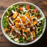 A bowl of Dorito taco salad with fresh Doritos being added just before serving to keep them crunchy.