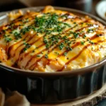 Freshly baked salmon sushi bake in a casserole dish, topped with furikake, drizzled with spicy mayo, and ready to be served.