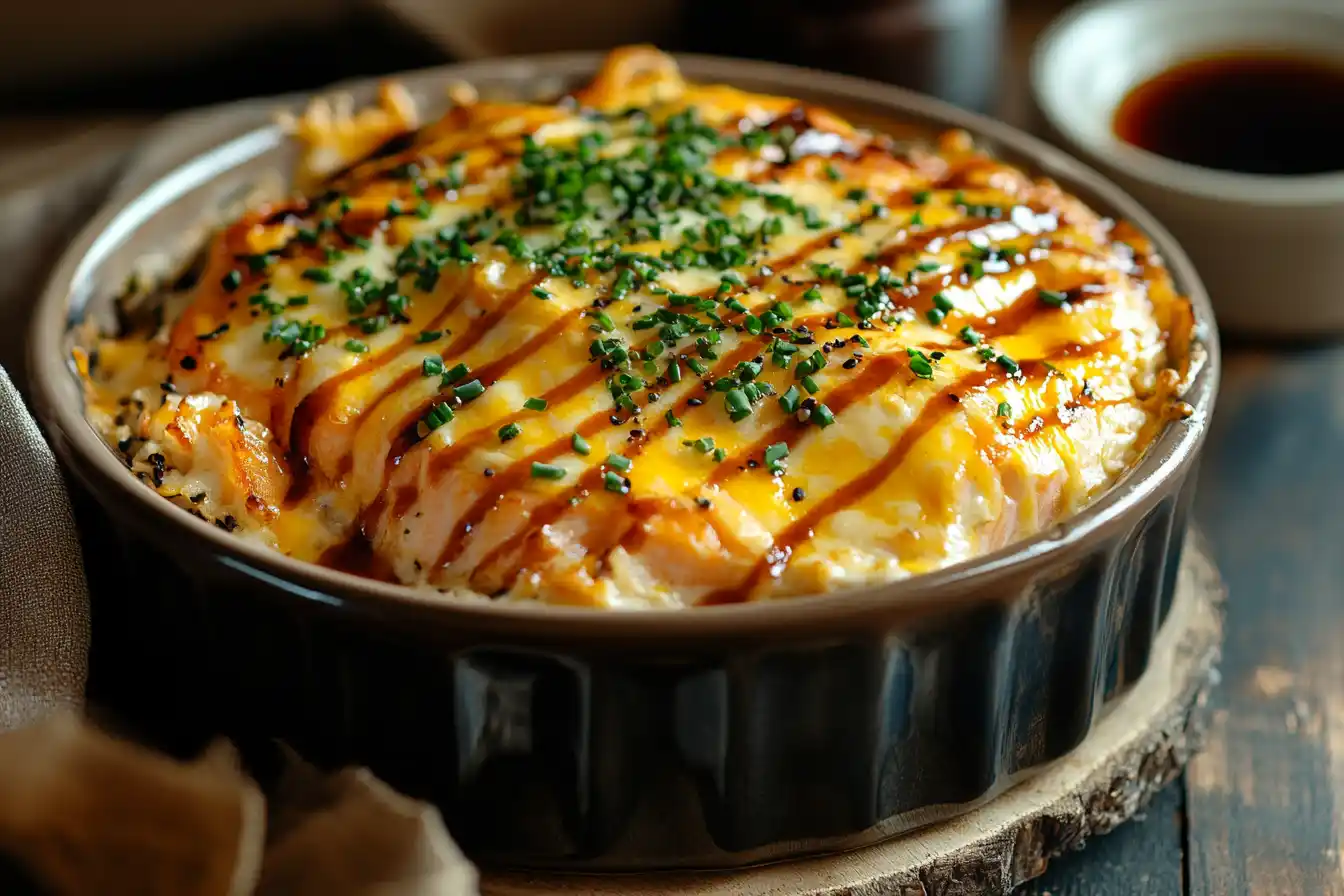 Freshly baked salmon sushi bake in a casserole dish, topped with furikake, drizzled with spicy mayo, and ready to be served.