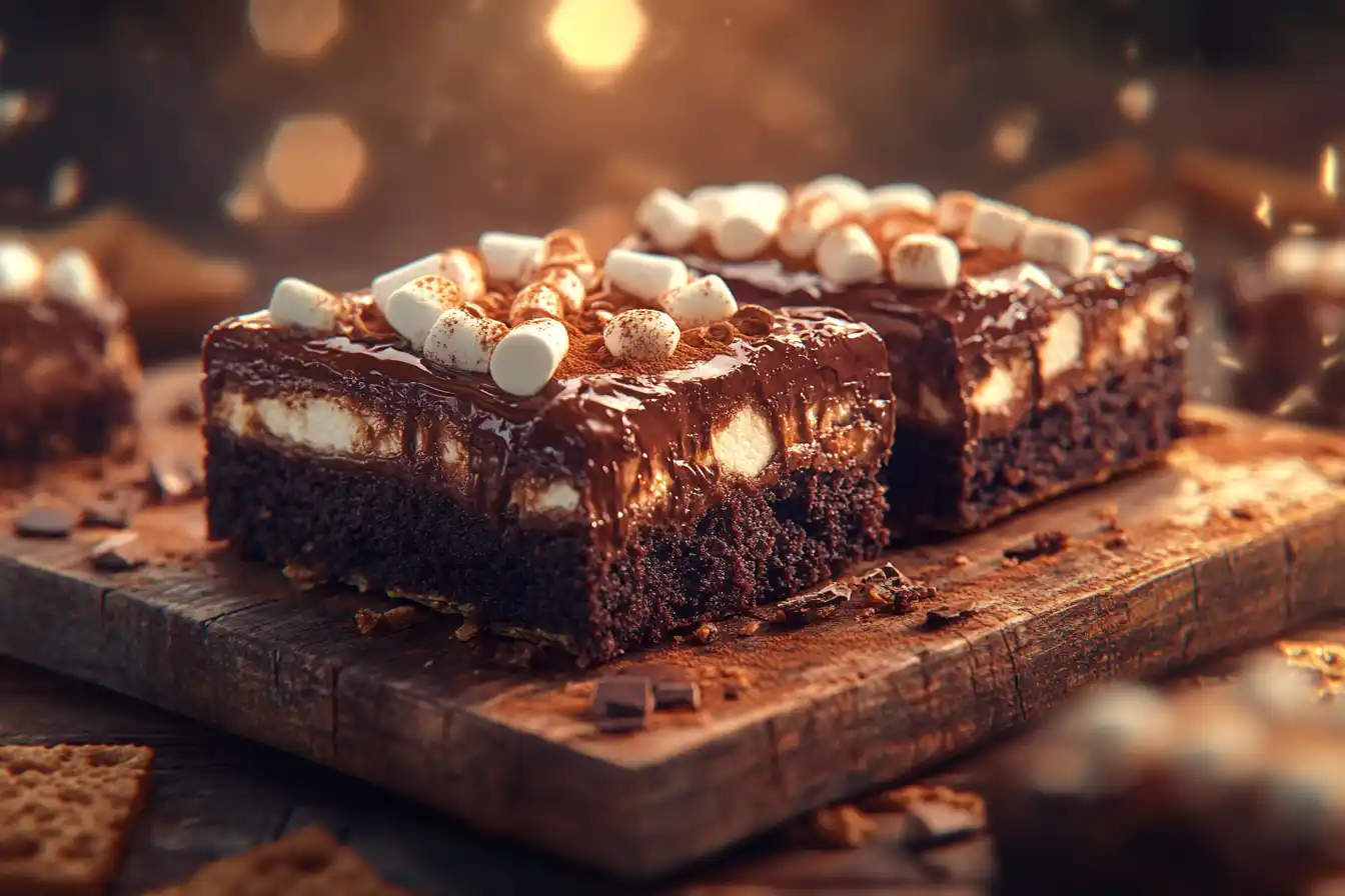 Delicious smores brownies dessert with fudgy chocolate, toasted marshmallows, and crunchy graham crackers