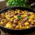 A sizzling denny's breakfast skillet with crispy golden potatoes, sausage, fluffy eggs, and melted cheese in a cast-iron pan.