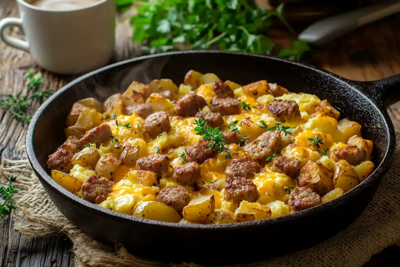 A sizzling denny's breakfast skillet with crispy golden potatoes, sausage, fluffy eggs, and melted cheese in a cast-iron pan.