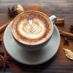 Ultimate Javy Coffee Recipes ,A vibrant coffee cup with creative latte art and decorative spices on a rustic table
