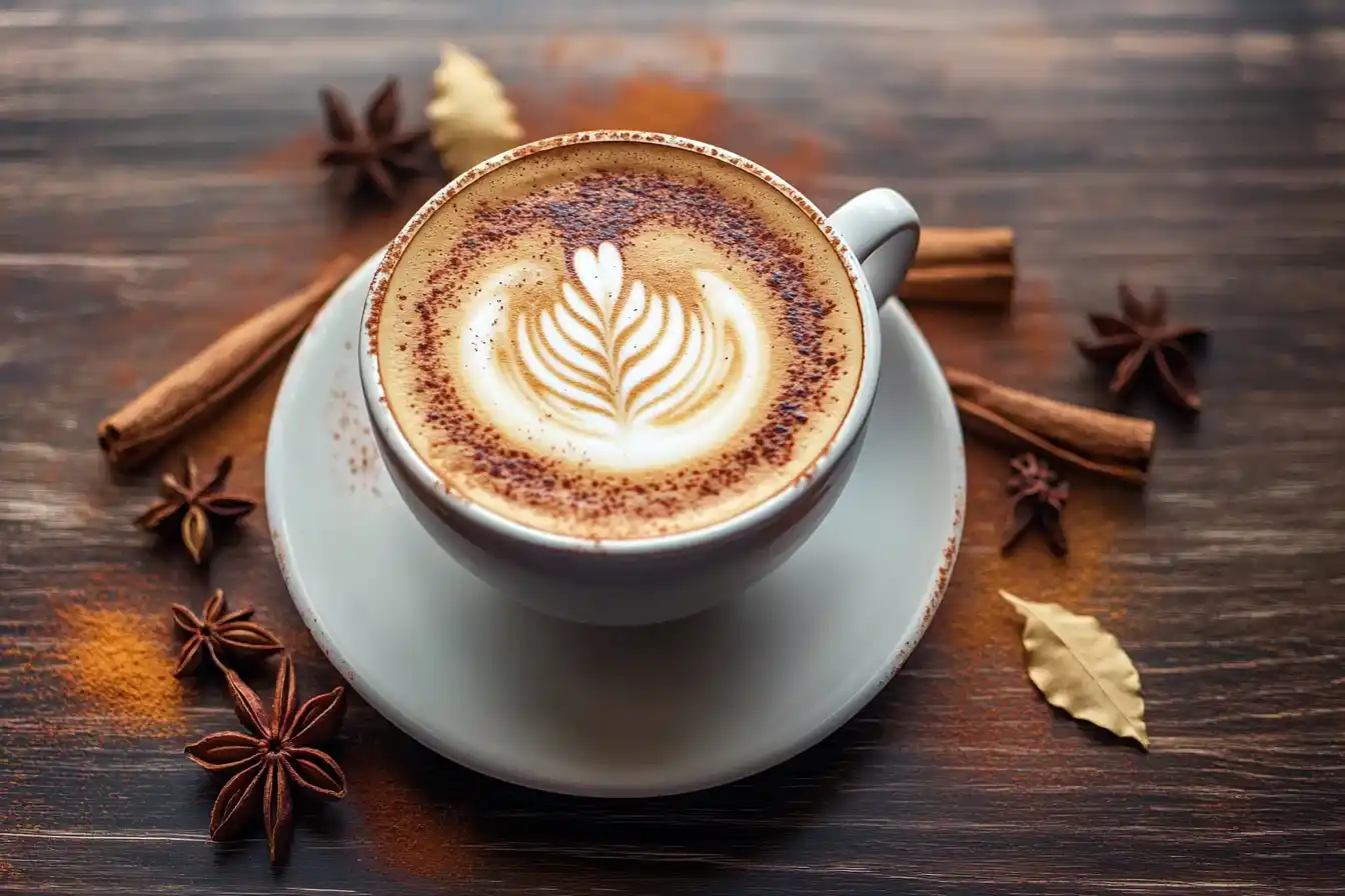 Ultimate Javy Coffee Recipes ,A vibrant coffee cup with creative latte art and decorative spices on a rustic table