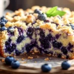 A freshly baked blueberry coffee cake with a golden crumb topping, served on a rustic wooden table with a cup of coffee.