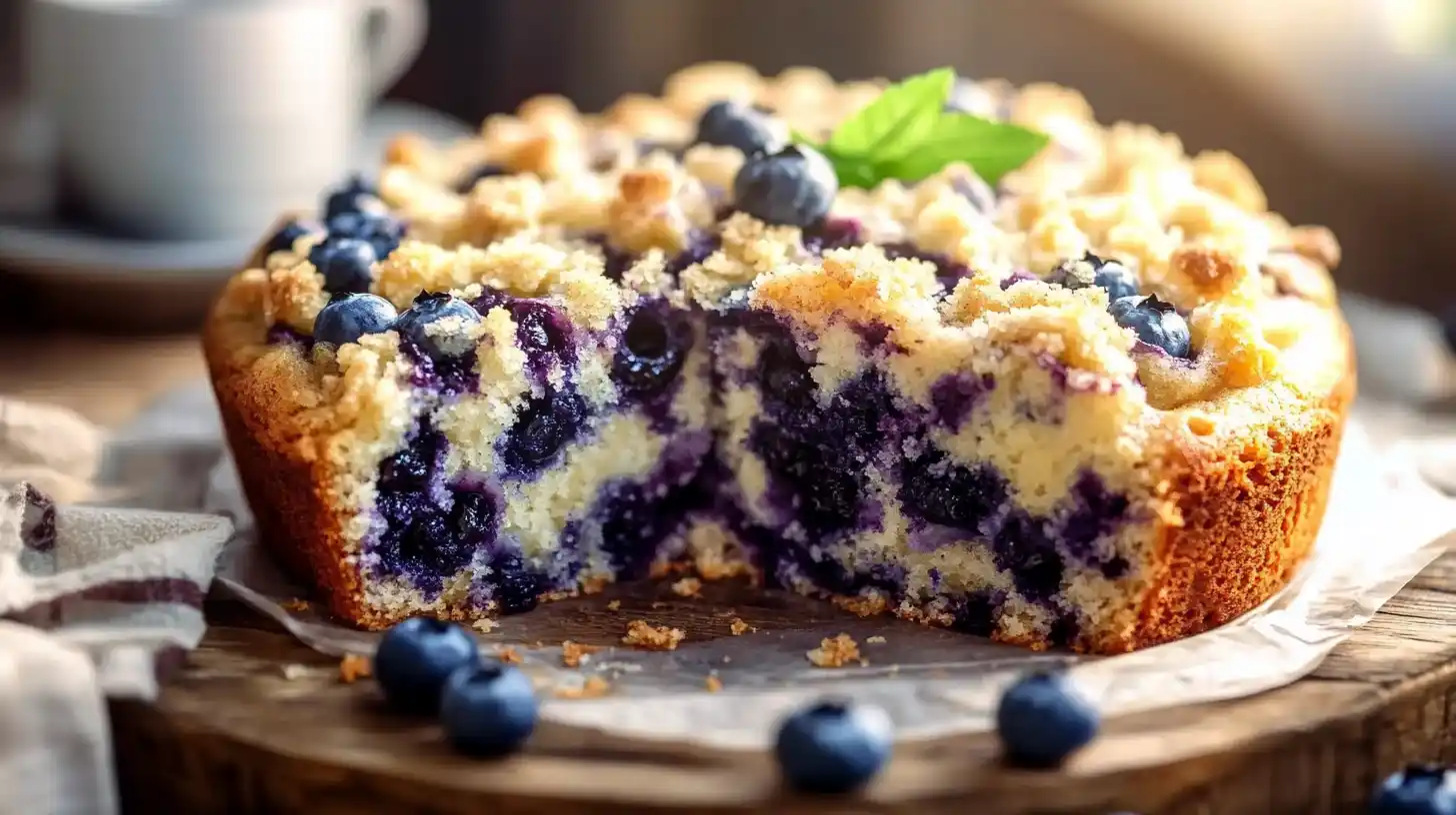 A freshly baked blueberry coffee cake with a golden crumb topping, served on a rustic wooden table with a cup of coffee.