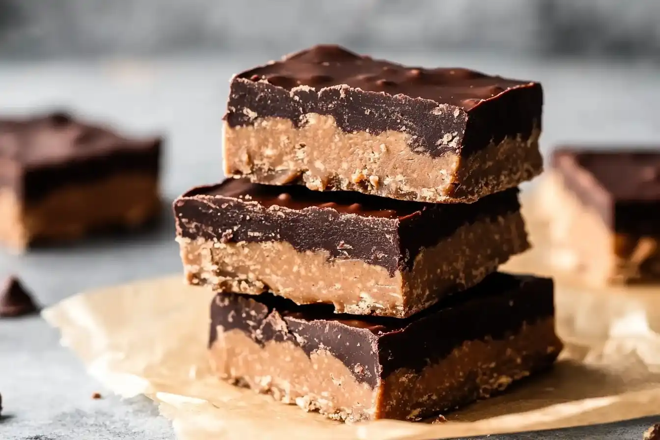 A stack of homemade chocolate peanut butter protein bars on a wooden board, topped with melted dark chocolate and sprinkled with sea salt.
